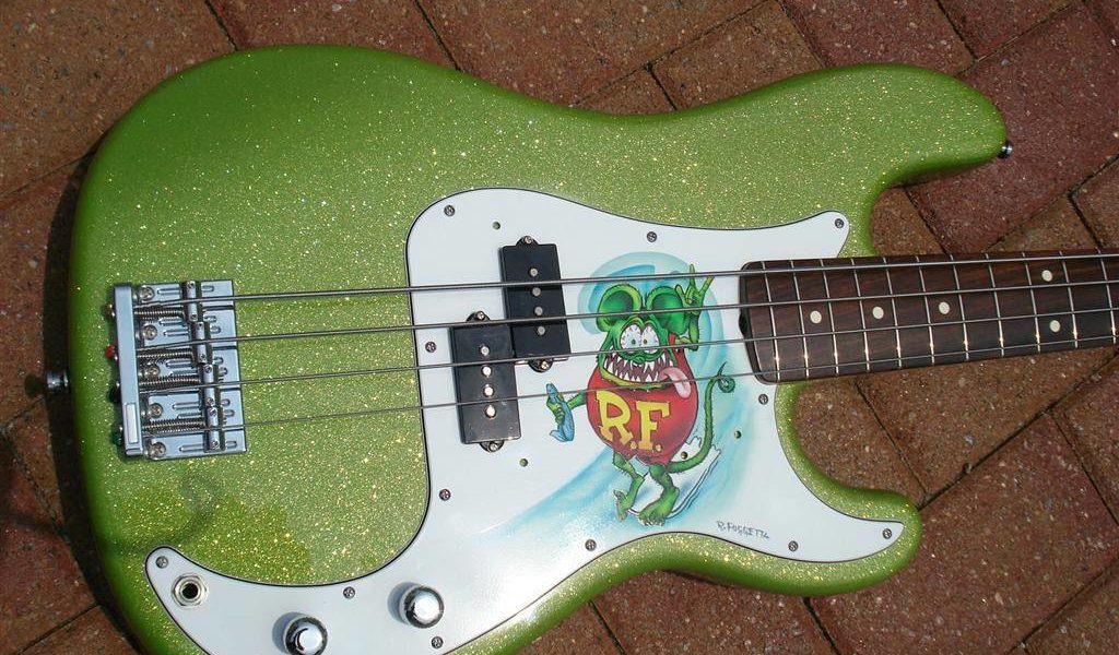 Rat Fink Guitar Bass from Naked Body Guitars painted with Limetreuse metal flake.