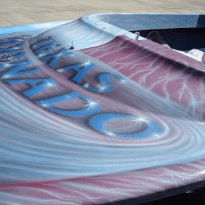 Jet boat airbrushed with Red Wine Candy, Electric Blue, Silver Platinum Ghost Pearls.