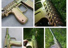 Paintball gun with 4739CS Gold Green Bronze Chameleon Paint powder coated on the surface.