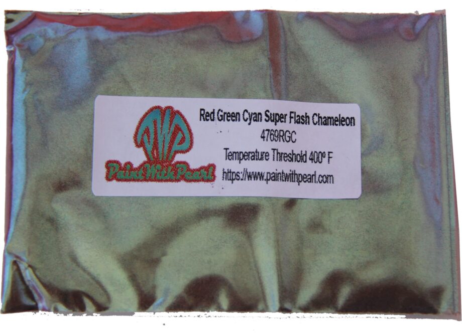 Red Green Cyan Superflash Chameleon Pearls in 25 gram bag. Picture of bag. 4769RGC