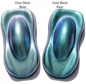 Blue to Green Chameleon pearls 4779BG over speed shapes over black and silver.