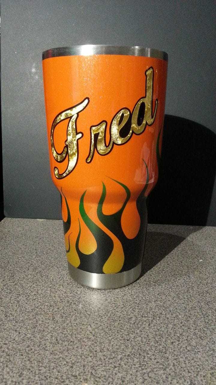 Custom flame paint on Fred's YETI cup.