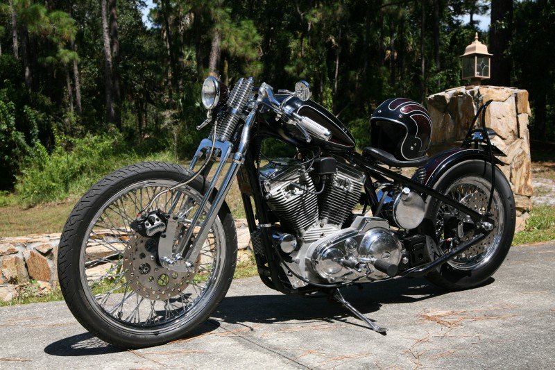 sportster chopper with red white and black paint