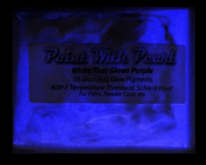White to purple glow in the dark pigment. Mix into any paint or other coatings.